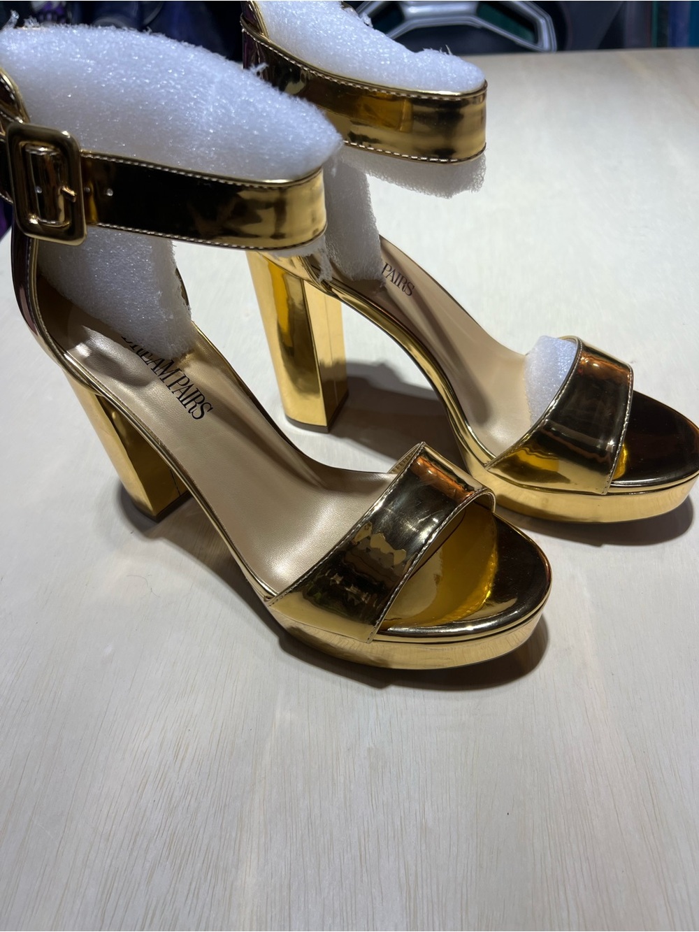Golden Block Heel Sandals with Ankle Strap